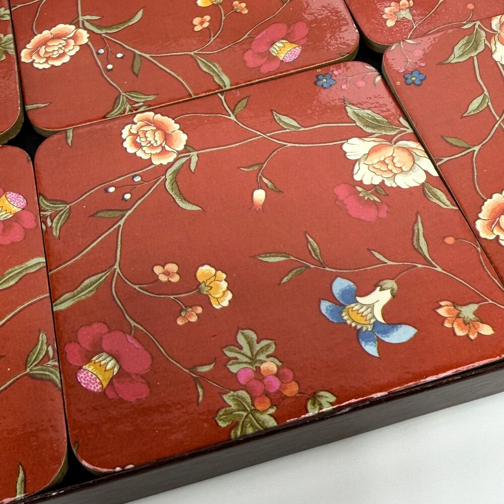 Set 6 Vintage Red Floral Flower Cork Drink Coaster Set Hot Cold USA